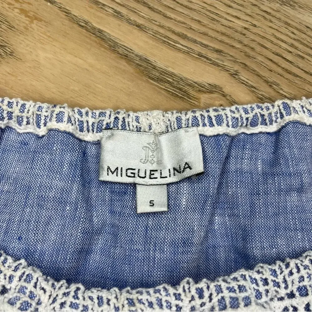 Miguelina Dakota Chambray Lace Crochet Off The Shoulder Crop Top Blue Size Small - Picture 5 of 8